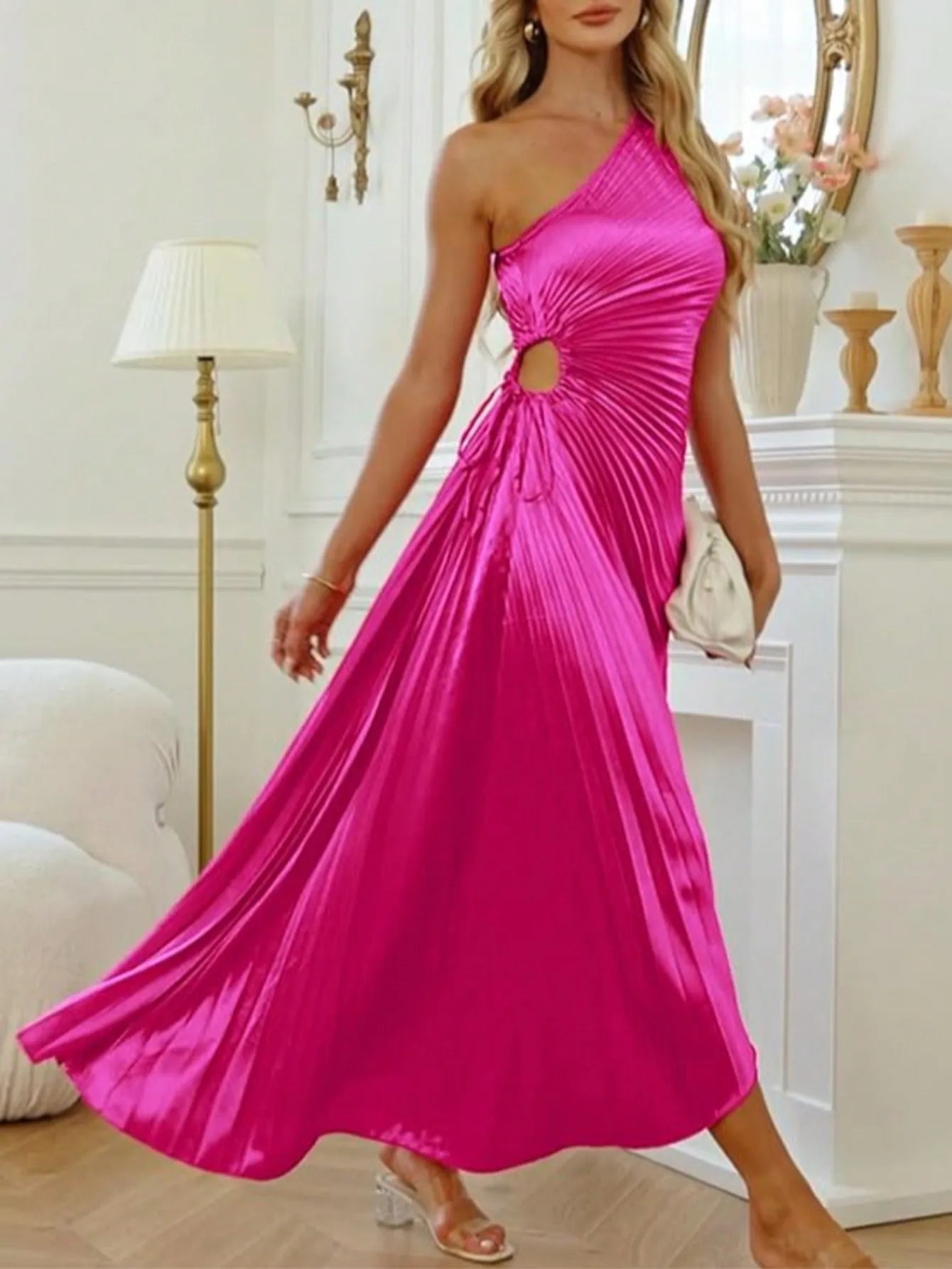 2025 Newest Women's Sexy One Shoulder Drawstring Adjustable Pleated Cocktail Wedding Party Long Dress