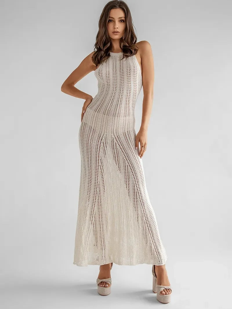 Design sense hollow woven dress spring summer female French sexy bare back heart skirt Europe and the United States solid color