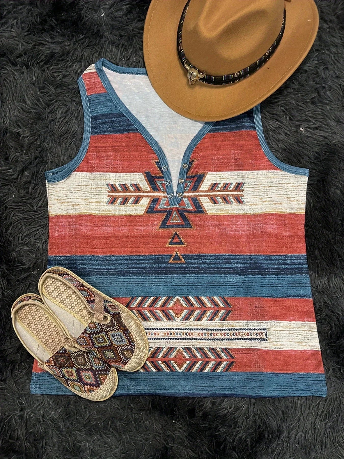 Women's Western Ethnic Print V-Neck Vest Fashion Button Sleeveless Vest Top