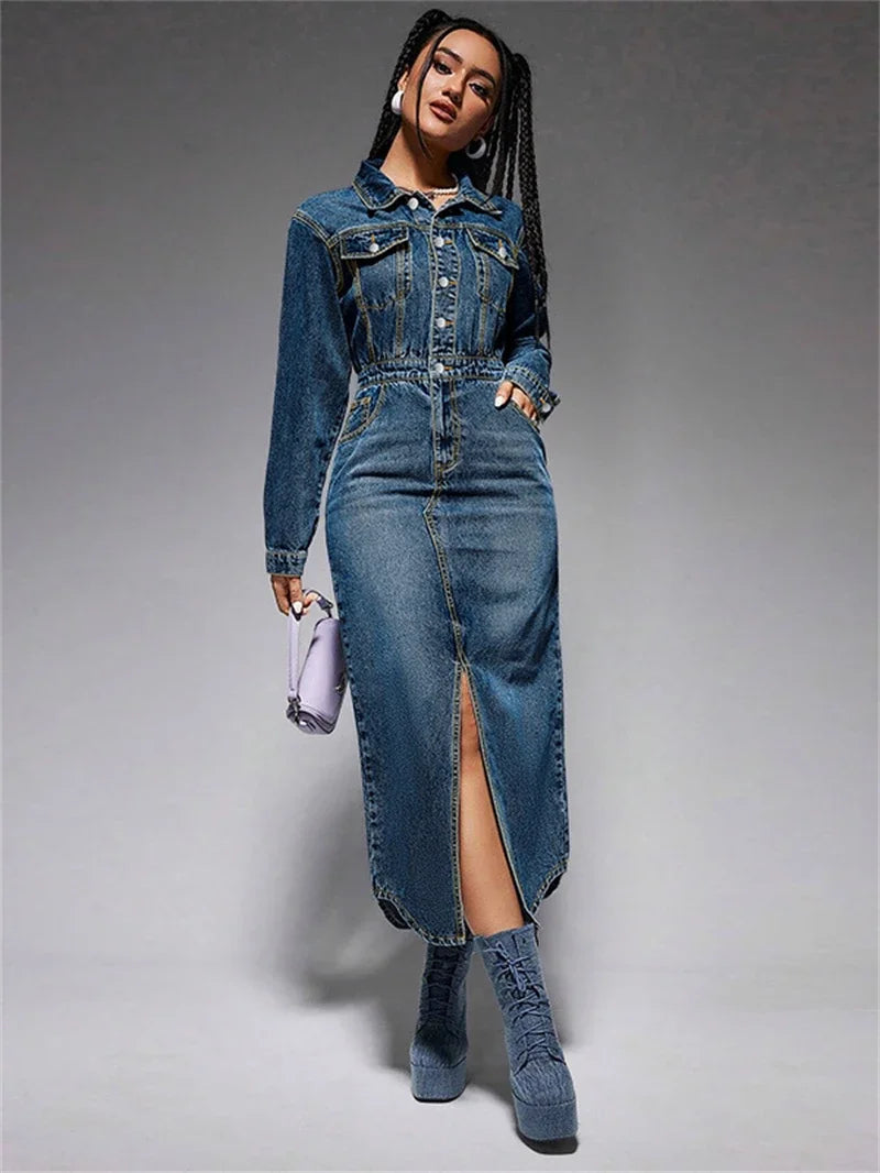 Streetwear Denim Dress Spring Clothes Women 2025 Turn Down Collar Boutton Up Jean Dresses Female Vintage Cowboy Dress Vestidos
