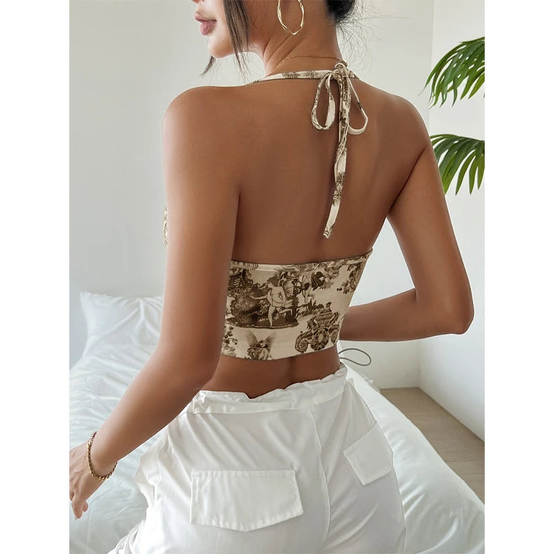 Womens Halter Sling Vest Paisley Print Neck Backless Sleeveless Tank Tops Camisole Female Crop Top Summer Sexy Elegant Underwear
