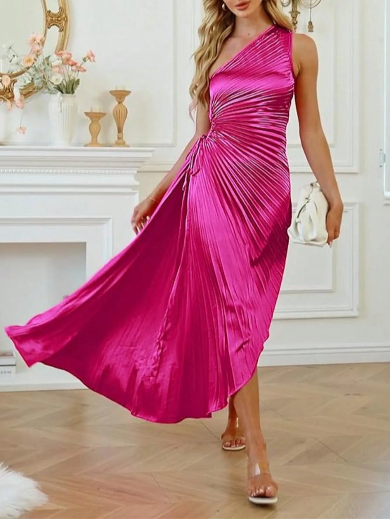 2025 Newest Women's Sexy One Shoulder Drawstring Adjustable Pleated Cocktail Wedding Party Long Dress