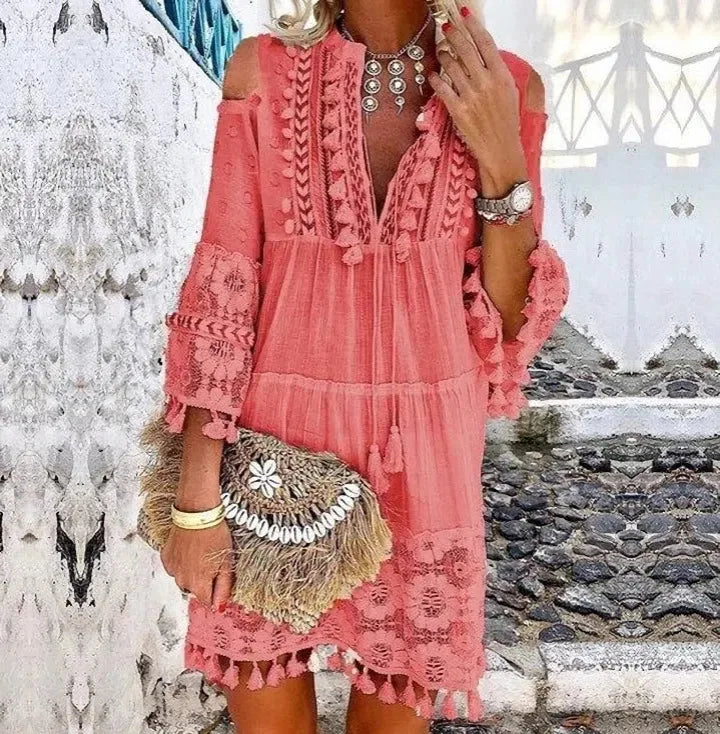 New Spring Embroidery Crochet Lace Boho Dress Women Elegant Off Shoulder Tassel Ruffle Mini Dress Summer V Neck Lady Beach Dress