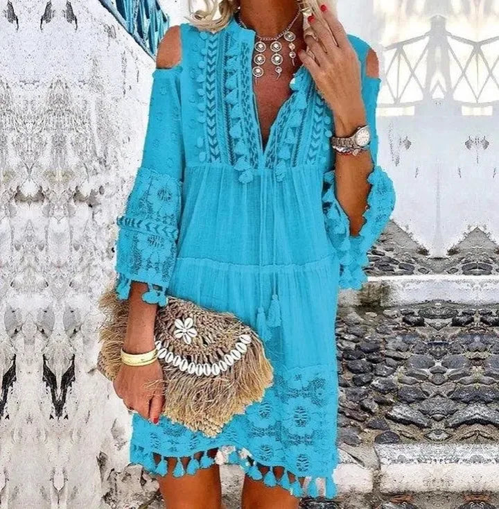 New Spring Embroidery Crochet Lace Boho Dress Women Elegant Off Shoulder Tassel Ruffle Mini Dress Summer V Neck Lady Beach Dress