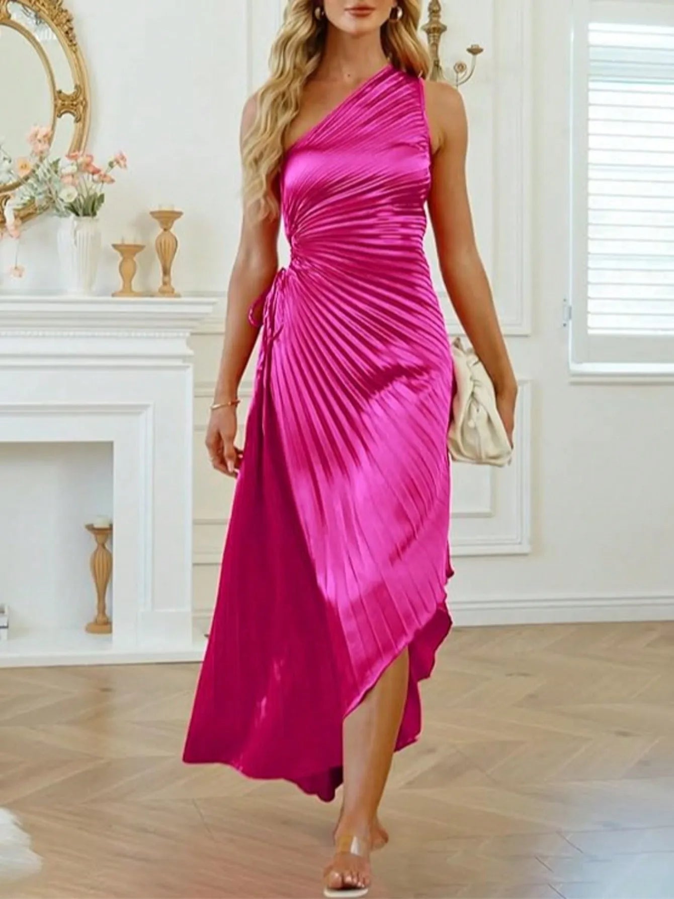 2025 Newest Women's Sexy One Shoulder Drawstring Adjustable Pleated Cocktail Wedding Party Long Dress