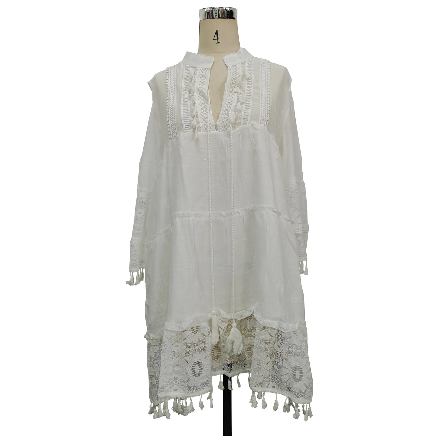 New Spring Embroidery Crochet Lace Boho Dress Women Elegant Off Shoulder Tassel Ruffle Mini Dress Summer V Neck Lady Beach Dress