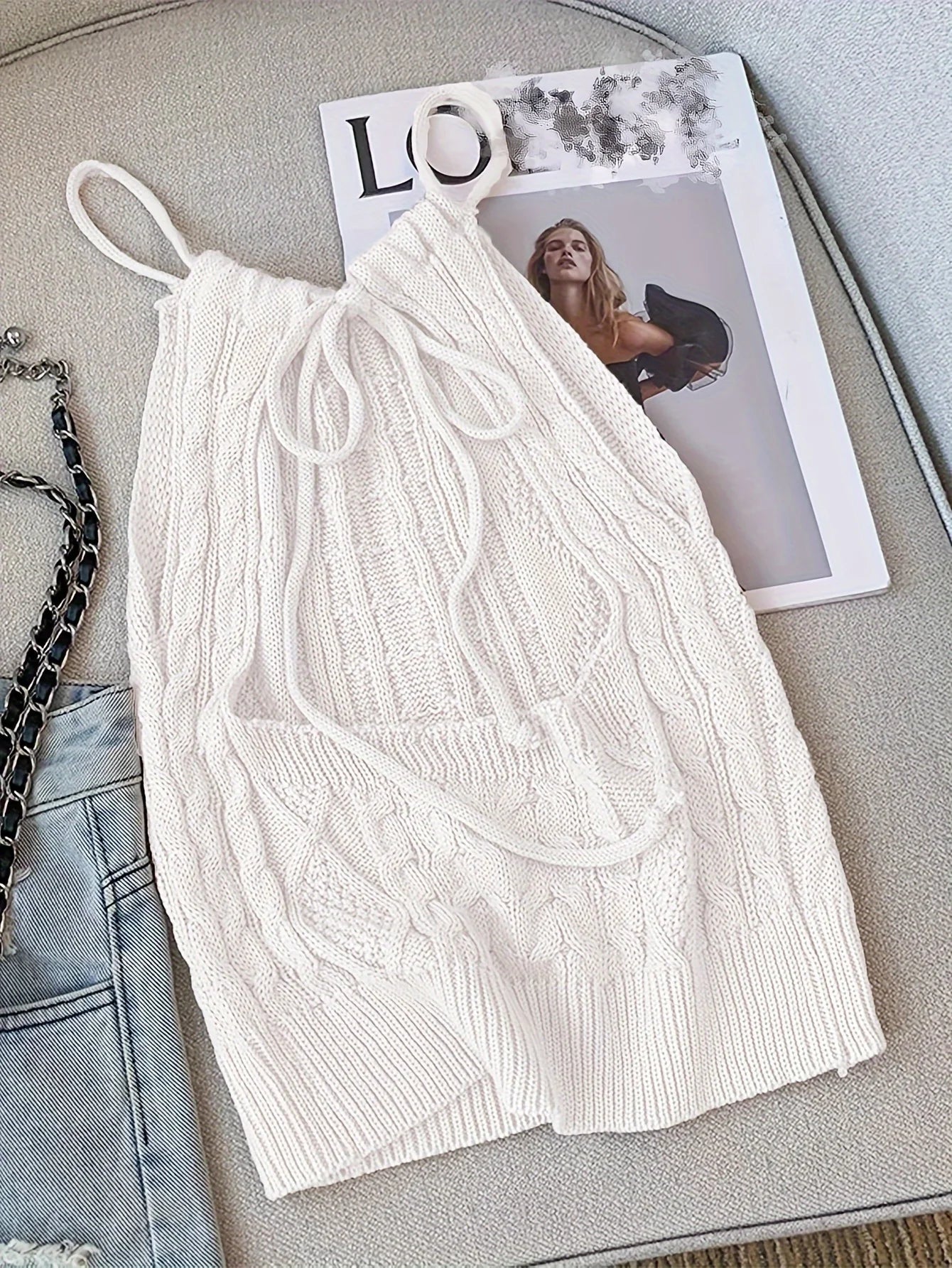 2024 Solid Cable Knit Tied Halter Top  Vacation Backless Top For Spring  Summer Women's Clothing Crop Top Camis