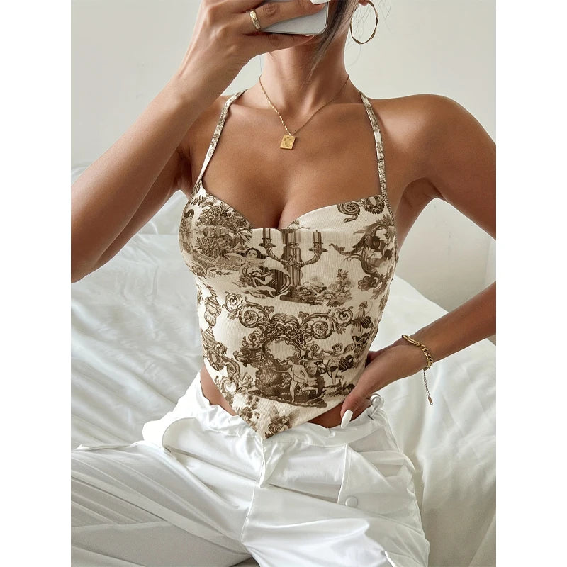 Womens Halter Sling Vest Paisley Print Neck Backless Sleeveless Tank Tops Camisole Female Crop Top Summer Sexy Elegant Underwear