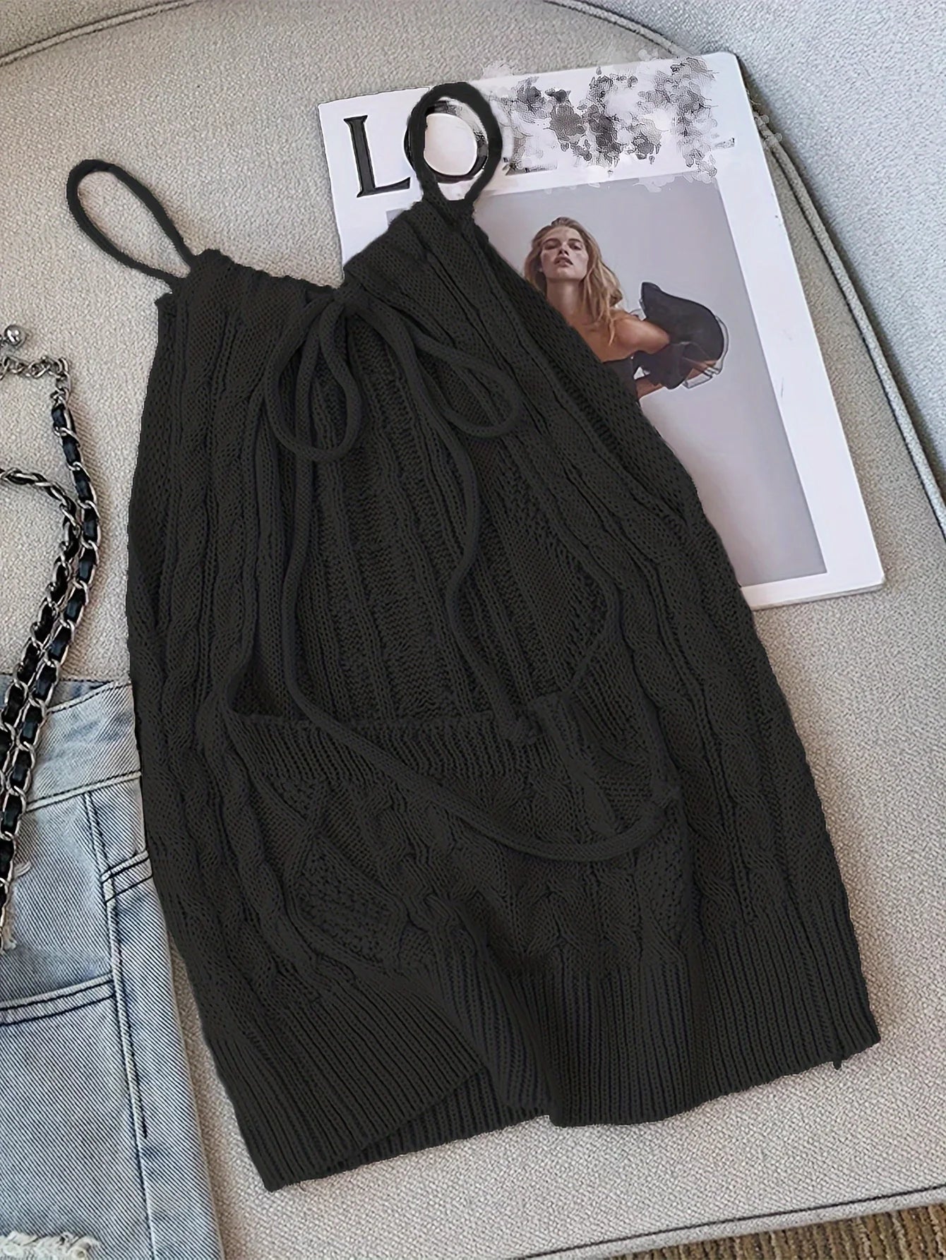 2024 Solid Cable Knit Tied Halter Top  Vacation Backless Top For Spring  Summer Women's Clothing Crop Top Camis