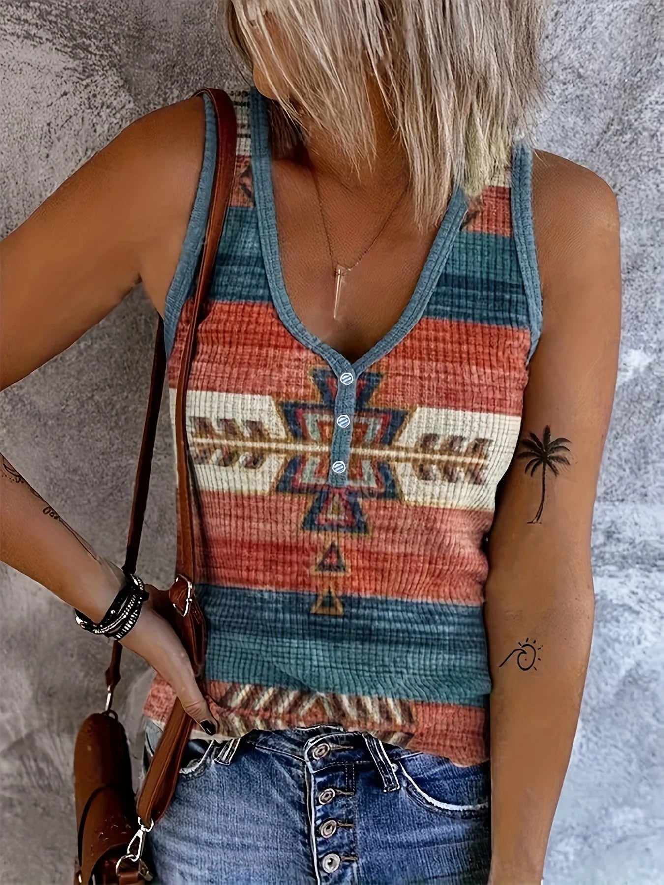 Women's Western Ethnic Print V-Neck Vest Fashion Button Sleeveless Vest Top