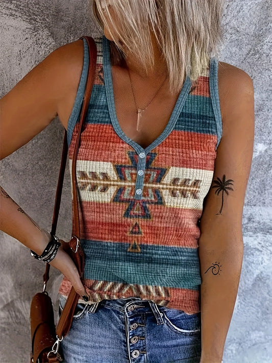 Women's Western Ethnic Print V-Neck Vest Fashion Button Sleeveless Vest Top