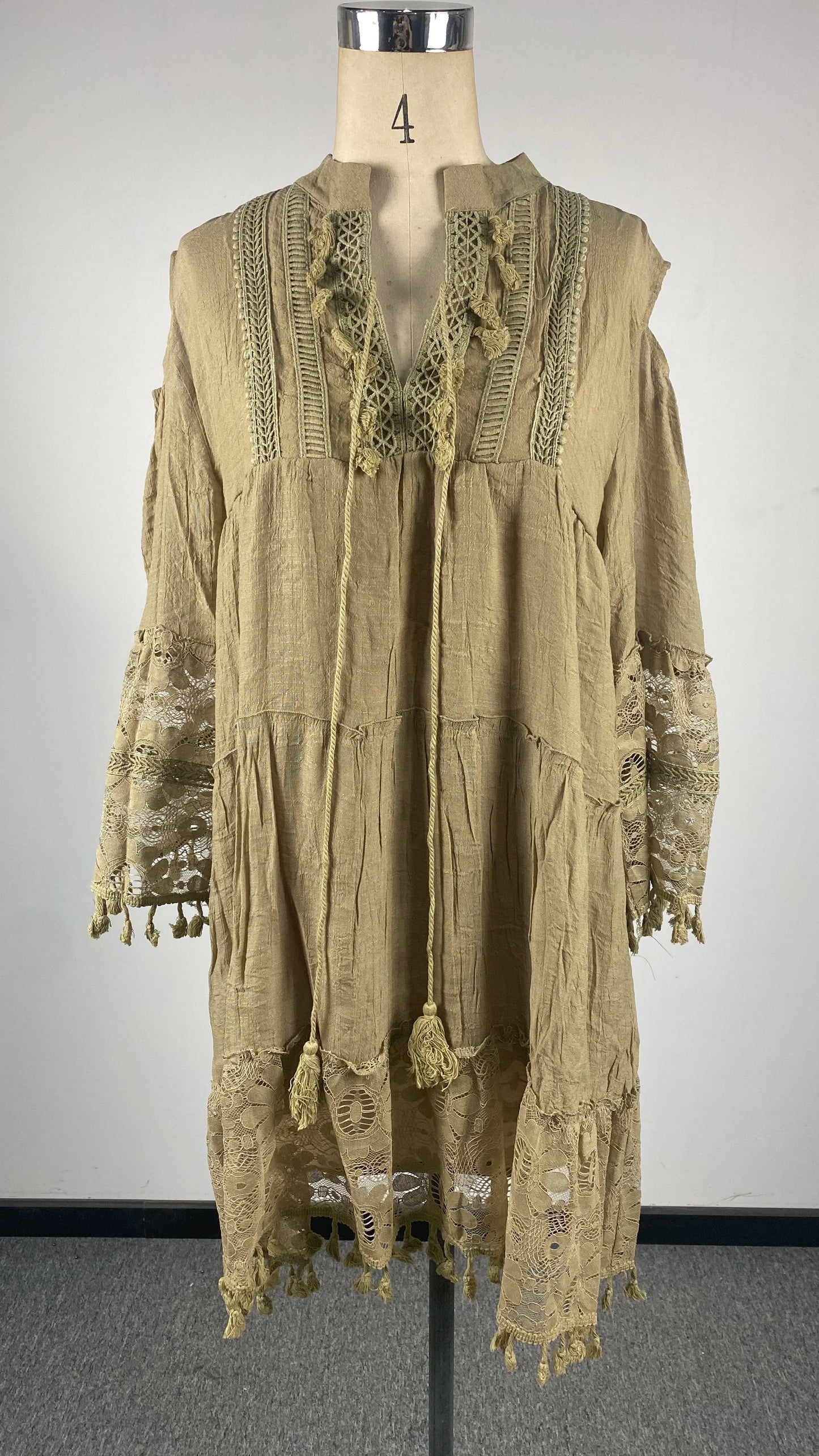 New Spring Embroidery Crochet Lace Boho Dress Women Elegant Off Shoulder Tassel Ruffle Mini Dress Summer V Neck Lady Beach Dress