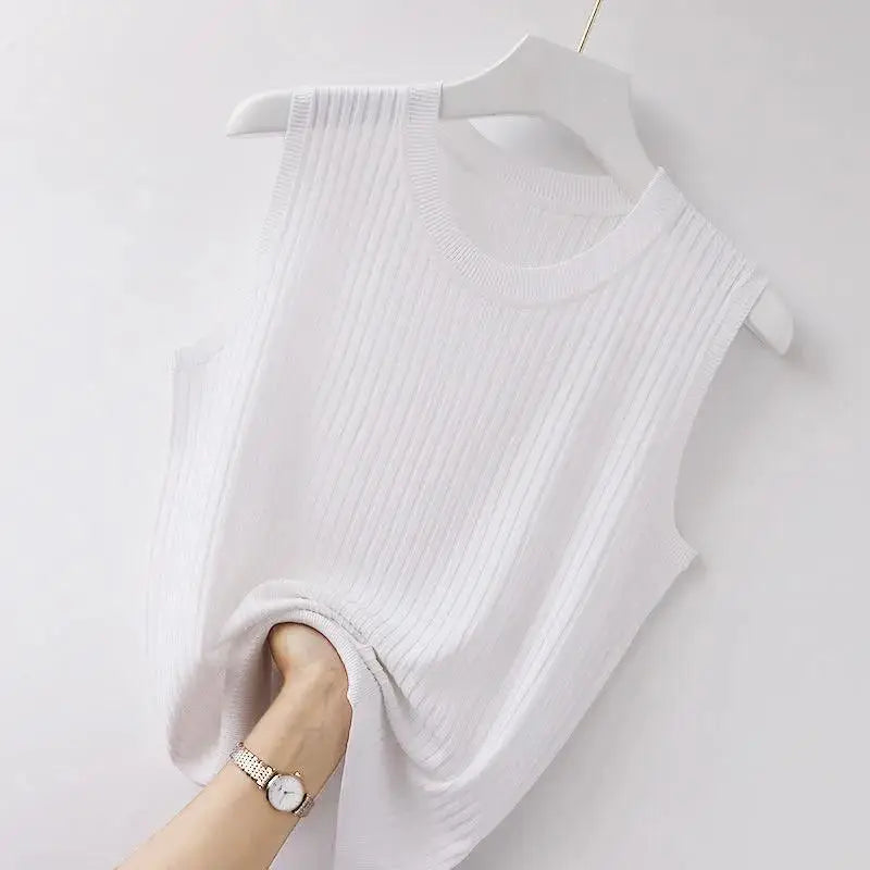 WTEMPO Women Comfortable Solid Color Camisole Laides Summer Bottoming White Short Knitted Sleeveless Top