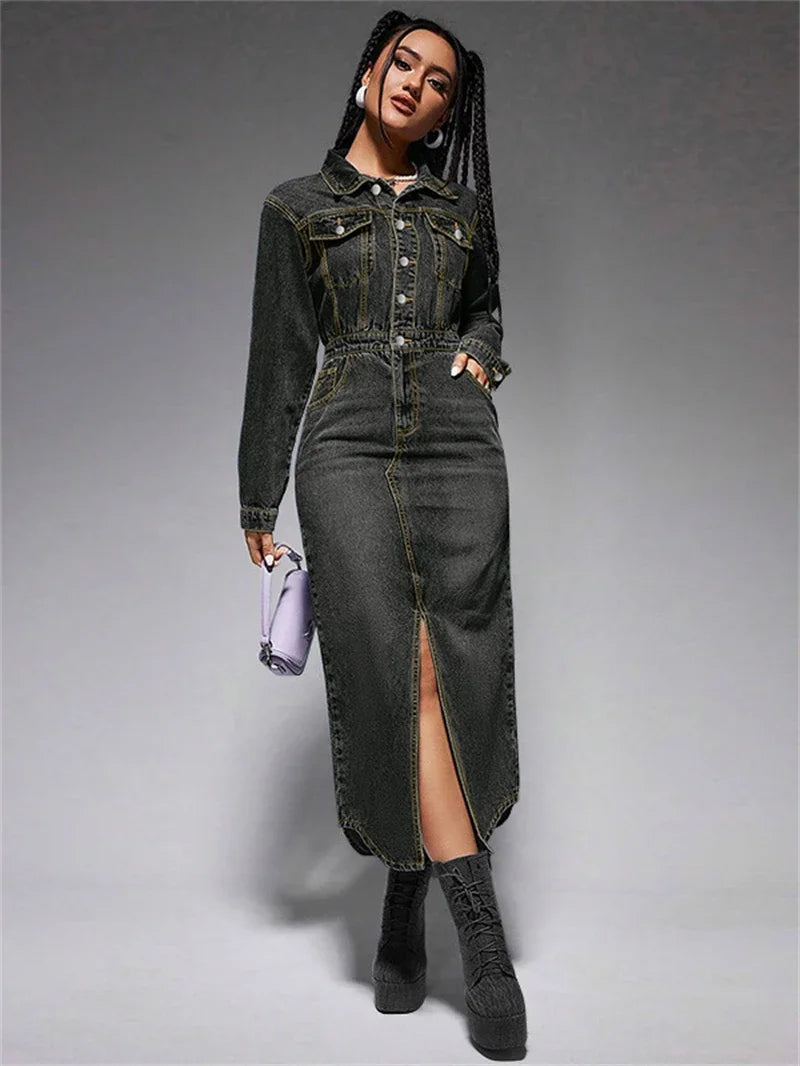 Streetwear Denim Dress Spring Clothes Women 2025 Turn Down Collar Boutton Up Jean Dresses Female Vintage Cowboy Dress Vestidos