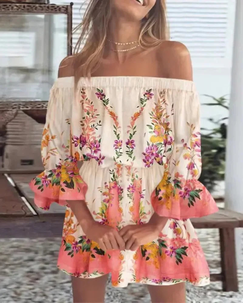 Sexy Slash Neck Long Flare Sleeve Floral Print Mini Dress Summer Women Boho Party Vestidos NMD-6650