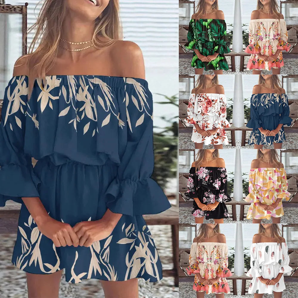 Sexy Slash Neck Long Flare Sleeve Floral Print Mini Dress Summer Women Boho Party Vestidos NMD-6650