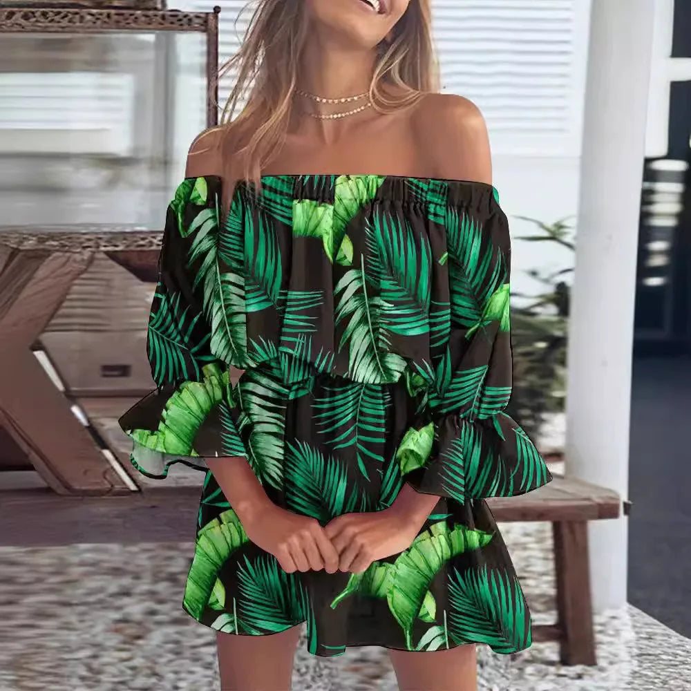 Sexy Slash Neck Long Flare Sleeve Floral Print Mini Dress Summer Women Boho Party Vestidos NMD-6650