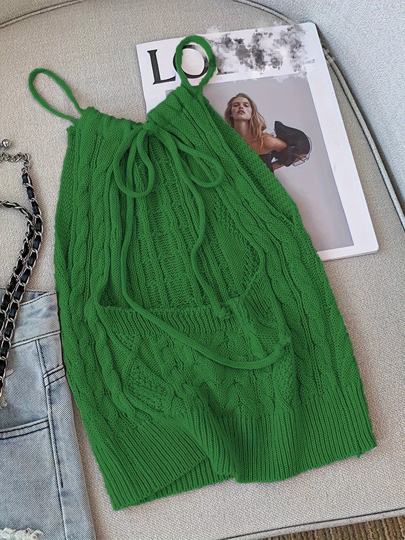 2024 Solid Cable Knit Tied Halter Top  Vacation Backless Top For Spring  Summer Women's Clothing Crop Top Camis