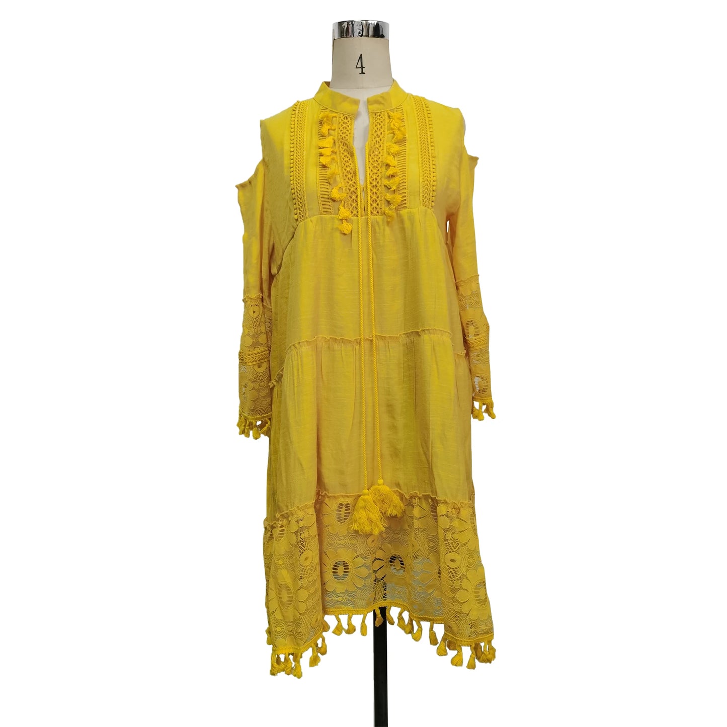 New Spring Embroidery Crochet Lace Boho Dress Women Elegant Off Shoulder Tassel Ruffle Mini Dress Summer V Neck Lady Beach Dress