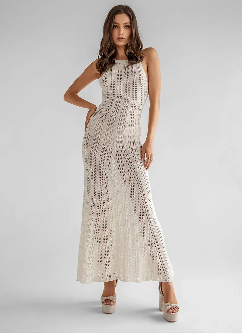 Design sense hollow woven dress spring summer female French sexy bare back heart skirt Europe and the United States solid color