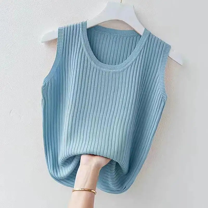 WTEMPO Women Comfortable Solid Color Camisole Laides Summer Bottoming White Short Knitted Sleeveless Top