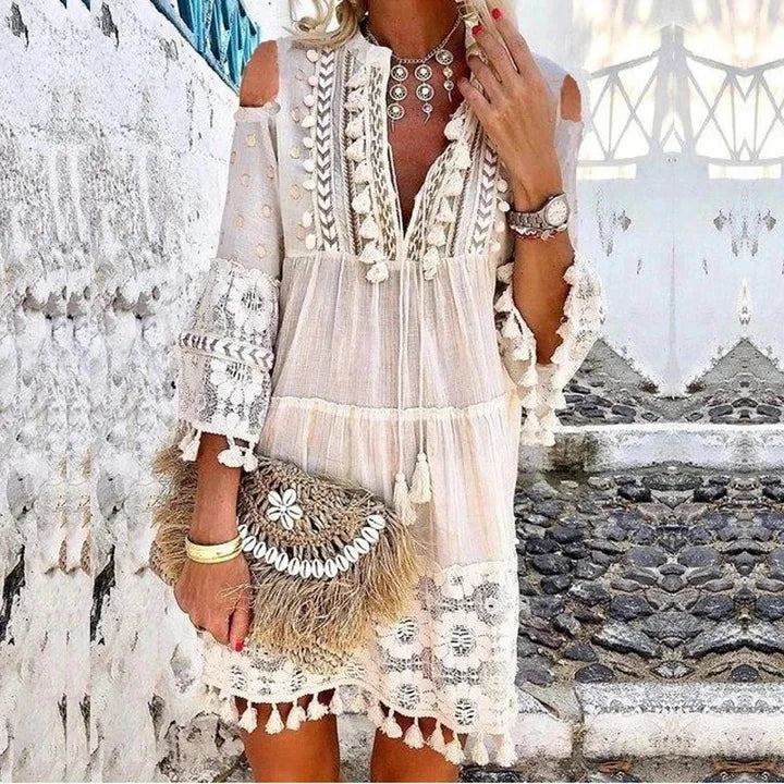 New Spring Embroidery Crochet Lace Boho Dress Women Elegant Off Shoulder Tassel Ruffle Mini Dress Summer V Neck Lady Beach Dress