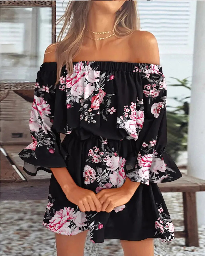 Sexy Slash Neck Long Flare Sleeve Floral Print Mini Dress Summer Women Boho Party Vestidos NMD-6650