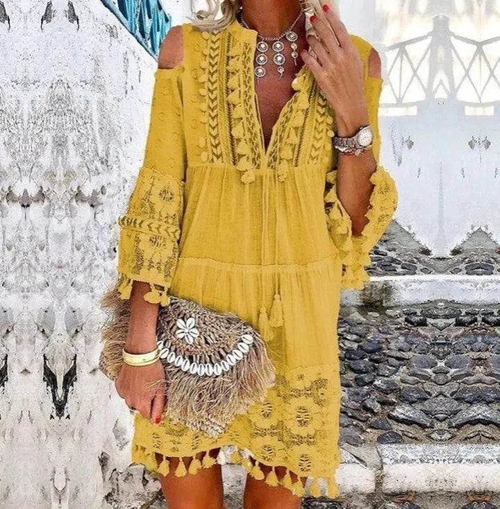New Spring Embroidery Crochet Lace Boho Dress Women Elegant Off Shoulder Tassel Ruffle Mini Dress Summer V Neck Lady Beach Dress