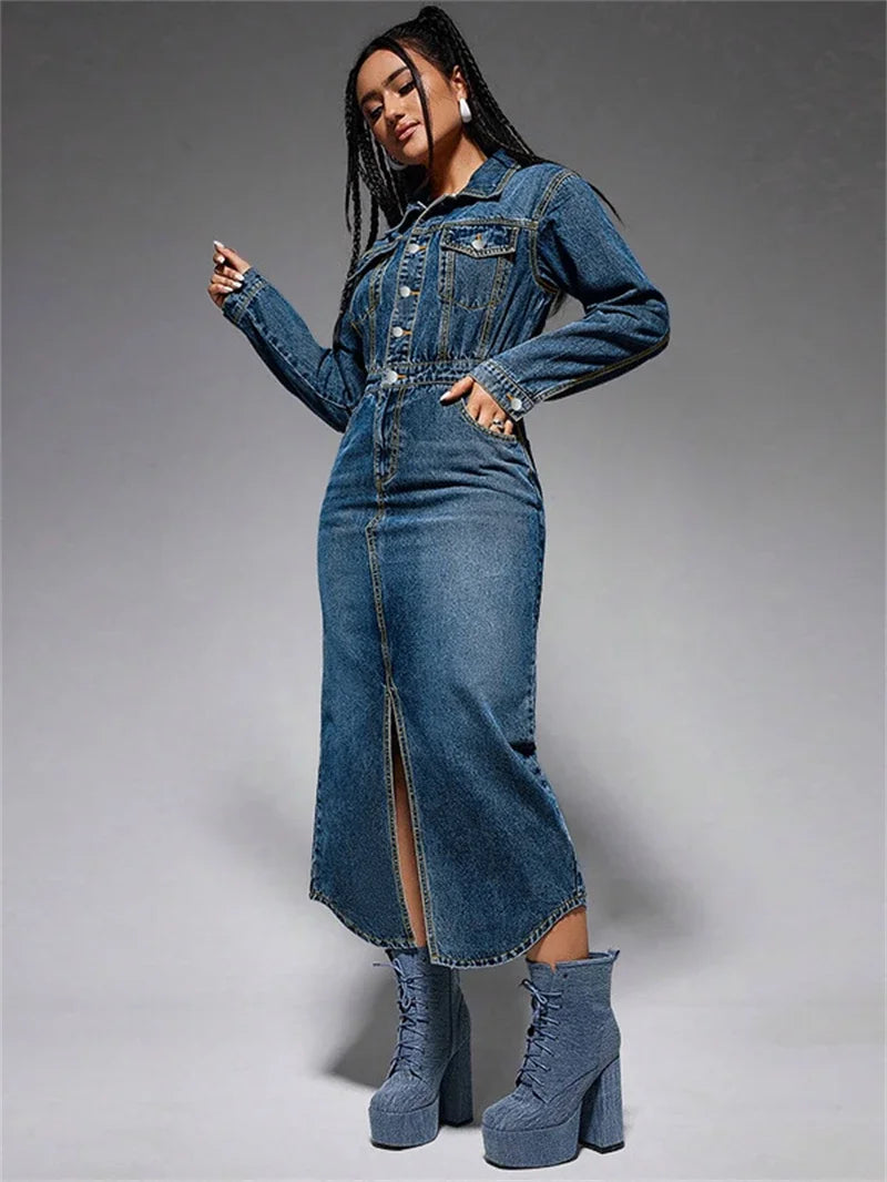 Streetwear Denim Dress Spring Clothes Women 2025 Turn Down Collar Boutton Up Jean Dresses Female Vintage Cowboy Dress Vestidos